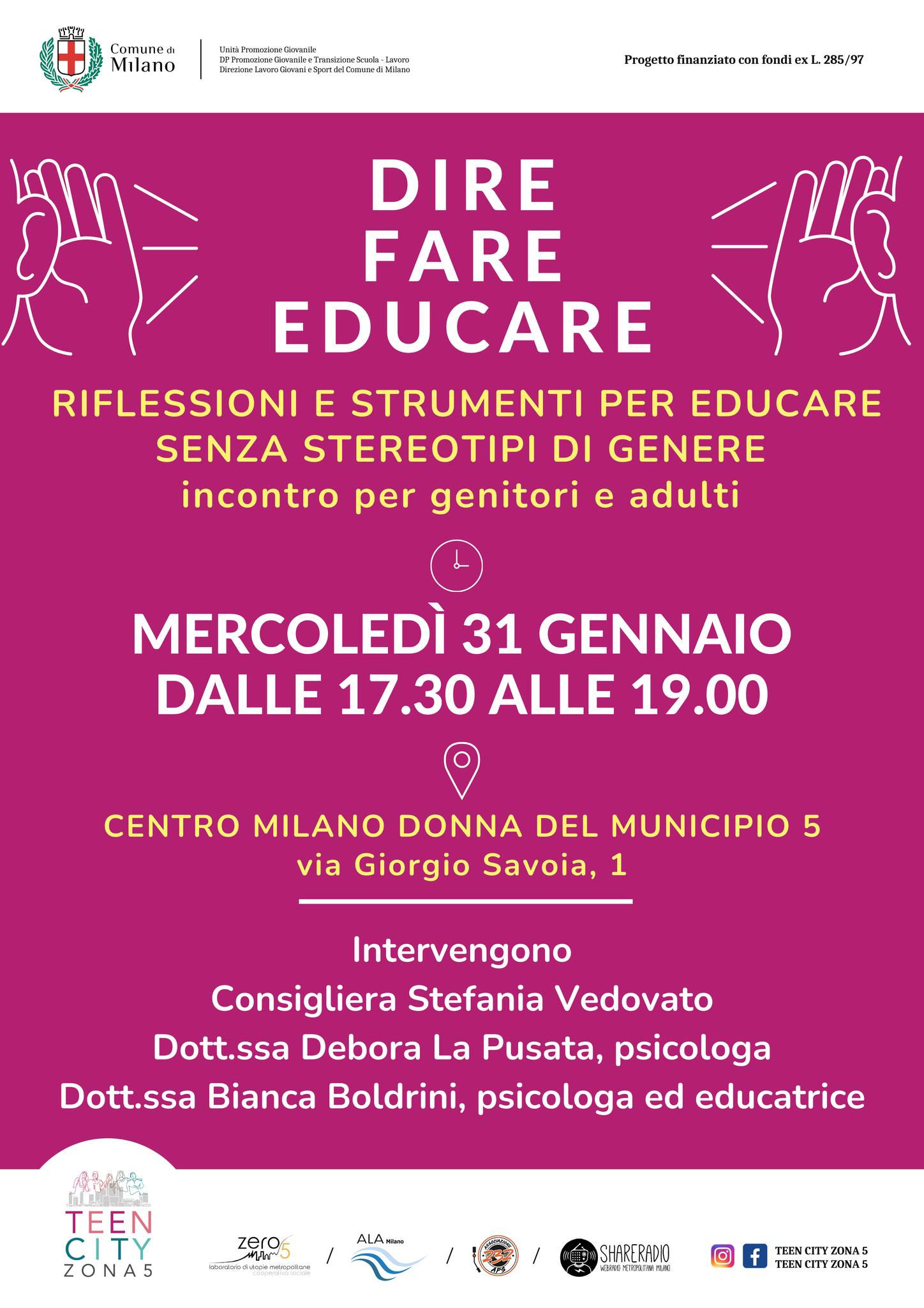 "Dire, Fare Educare" evento TeenCity /31gen2024
